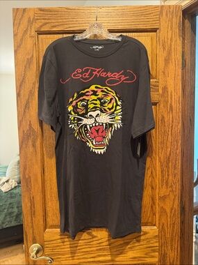 Ed Hardy Black Tee Dress with Multicolor Tiger Graphic